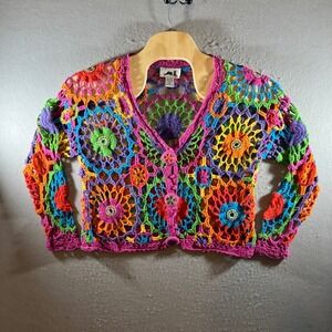 1312 | Mi Rainbow Floral Crochet Boho Open Knit Cardigan Sweater Multi Women OS